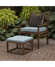 Walker Edison Villa Modern Acacia Wood Patio Chair and Ottoman Set with Cushions, 35 Inch, Dark Brown