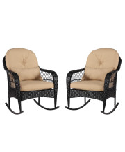 B BAIJIAWEI 2pcs Outdoor Wicker Rocking Chair - Garden Patio Yard Porch Lawn Balcony Backyard Furniture All- Weather Wicker Rocker Chair with Cushions (2Pcs Black Wicker-Khaki)