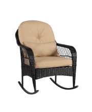 BAIJIAWEI B Outdoor Wicker Rocking Chair All Weather Wicker Rocker Chair with Cushions for Garden Patio Yard Porch Lawn Balcony Backyard (1PCS-Black Wicker-Khaki)