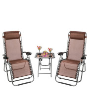 (3Pc) Zero Gravity Lounge Chairs Set of 2 Desk Chair Outdoor Furniture Lawn Chairs for Adults Heavy Duty Folding Chair Oversized Camp Chairs Lounge Chairs for Outside Pool -Brown_Patio_Set