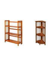 Casual Home 3-Shelf Folding Stackable Bookcase (27.5 Wide)-Honey Oak & 4-Shelf Corner Folding Bookcase, Honey Oak