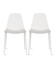 2xhome Set of 2 Contemporary Modern Dining Kitchen Chairs Plastic Molded Armless Side with Back Curved Round Shape Chrome Metal Legs Indoor Outdoor Patio (White)