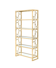 Acme Julos Metal Etagere Bookcase with 6 Glass Shelves in Clear Glass and Gold